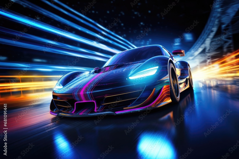 Stylized Sports Car Lights Up the Night in a Neon Cityscape Generative AI