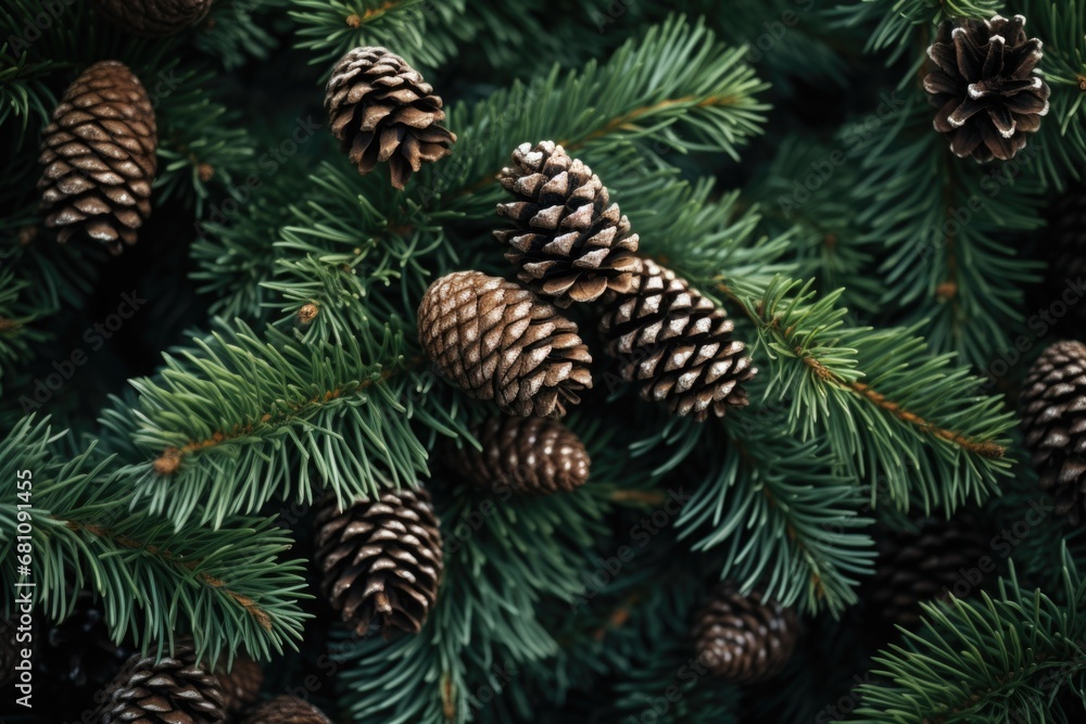 A picture of a bunch of pine cones hanging on a tree. This image can be used to depict nature, autumn, or forest themes
