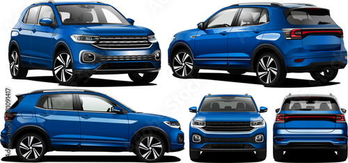 Realistic vector illustration blue car SUV isolated in white background, car blueprint.