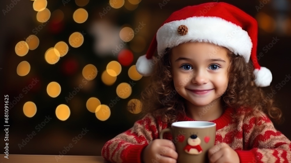 Young cute smiling little girl in Christmas sweater and Santa hat on festive background Young cute smiling little girl in Christmas sweater and Santa hat on festive background