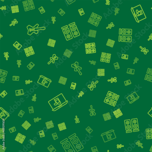 Set line Electric bass guitar, Laptop with music and Stereo speaker on seamless pattern. Vector
