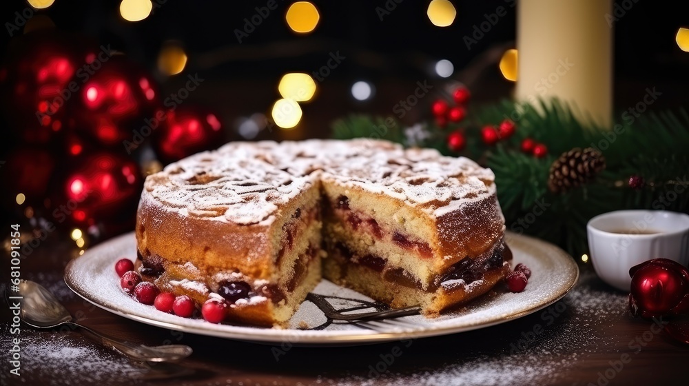 Tasty sweet Christmas cake on a festive decorated table Tasty sweet Christmas cake on a festive decorated table
