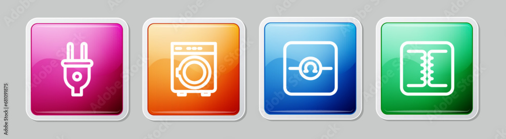 Set line Electric plug, Washer, Ohmmeter and Electrical transformer. Colorful square button. Vector Set line Electric plug, Washer, Ohmmeter and Electrical transformer. Colorful square button. Vector