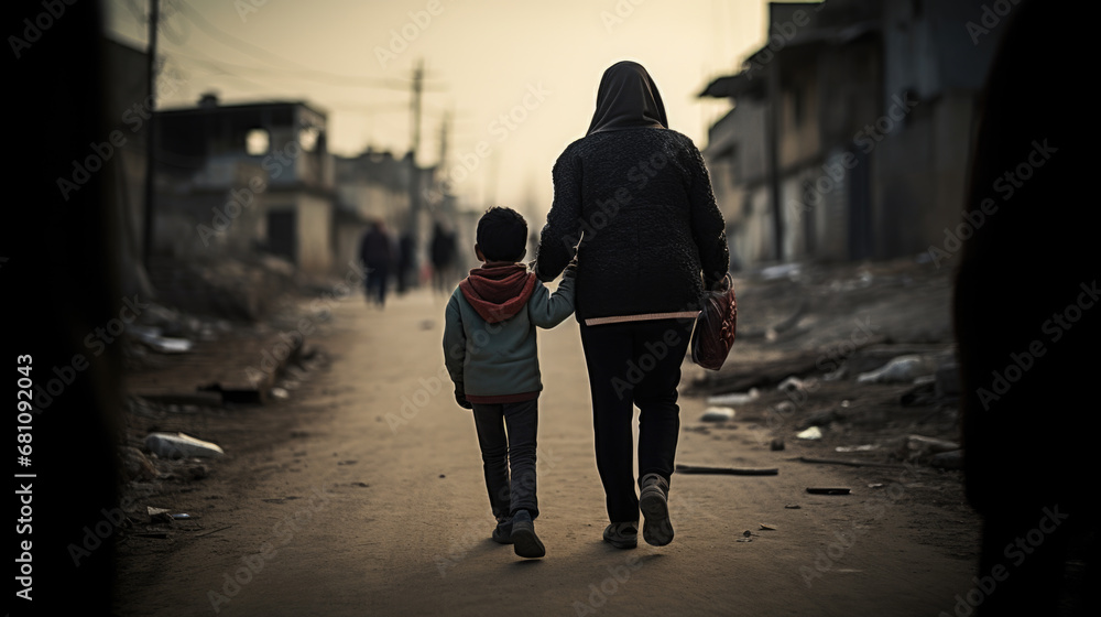 Mother and son walking on the street in the city. Concept of poverty Mother and son walking on the street in the city. Concept of poverty
