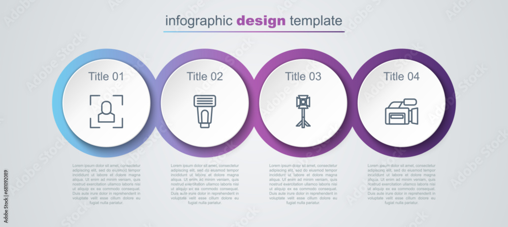 Set line Camera focus frame line, Photo camera flash, Studio light bulb softbox and Cinema. Business infographic template. Vector Set line Camera focus frame line, Photo camera flash, Studio light bulb softbox and Cinema. Business infographic template. Vector