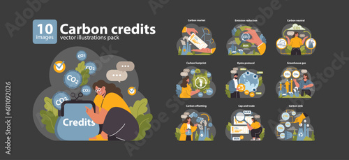 Carbon credits set. Professionals managing CO2 emissions. Emission reduction, carbon market, and Kyoto protocol. Engaging in eco-friendly practices. Flat vector illustration.