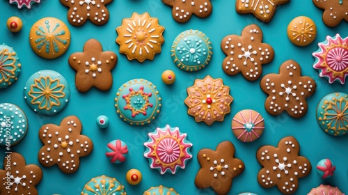 Top view on gingerbread cookies background pattern texture