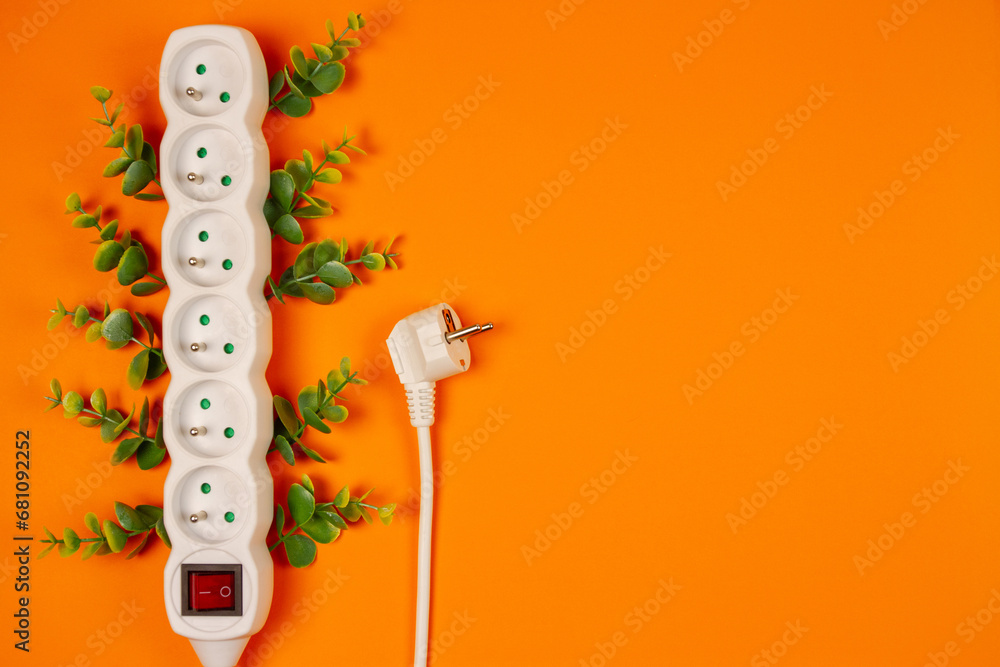 Electrical power strip with green eucalyptus leaves on orange background Electrical power strip with green eucalyptus leaves on orange background