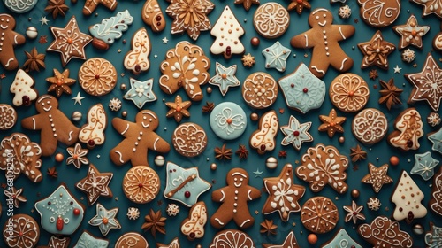 Top view on gingerbread cookies background pattern texture