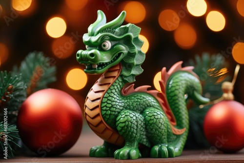 A green dragon figurine sitting next to Christmas ornaments. Perfect for holiday-themed designs and decorations.