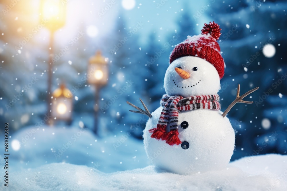 A snowman wearing a red hat and scarf. Perfect for winter-themed designs and holiday decorations.