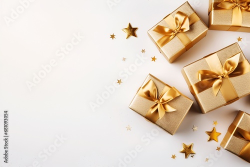 Christmas gifts box with gold bows and decorations, top view, background, copy space