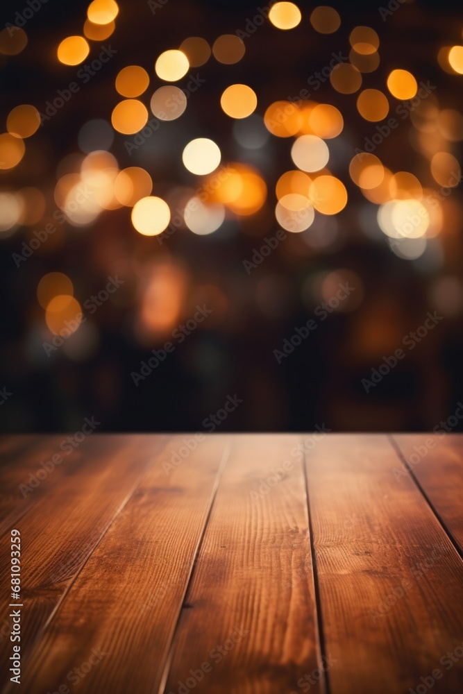 A wooden table with lights in the background, creating a blurred effect. Perfect for adding a warm and cozy ambiance to any setting. A wooden table with lights in the background, creating a blurred effect. Perfect for adding a warm and cozy ambiance to any setting.