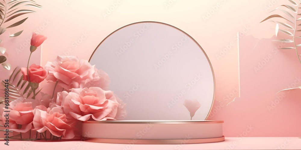3D display podium pastel pink flower on white background. Orange Rose. Nature minimal beauty pedestal cosmetic product presentation. Valentine feminine copy space empty template 3d render22