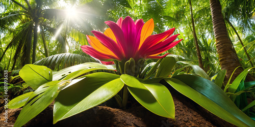 Jungle on a sunny day. Beautiful tropical rainforest illustration with exotic plants  flowers  palms  big leaves and ferns. Bright sunbeams. Background with pristine nature landscape. Generative AI