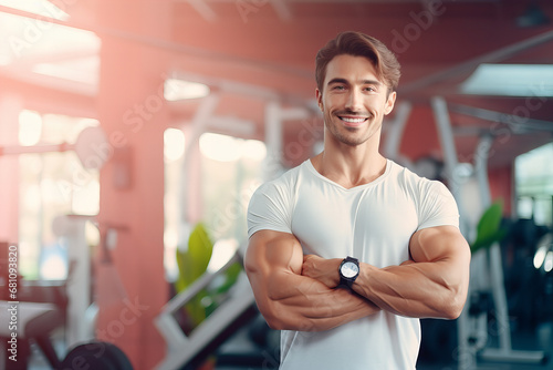 Young man and personal trainer poses with her arms crossed smiling at a gym photo