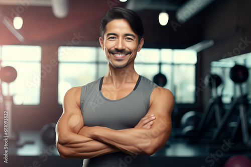 Young Mexican features young man and personal trainer with arms crossed smiling in a gym