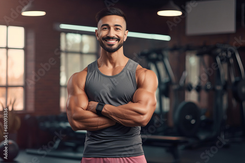 Young Latino personal trainer with his arms crossed smiling in a gym