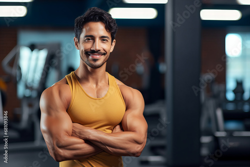 Young Mexican features young man and personal trainer with arms crossed smiling in a gym