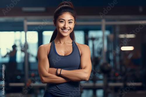 Young female personal trainer in a gym smiling with her arms folded