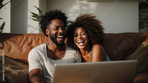 Young multiracial couple laughing looking at laptop sitting on sofa at home, happy diverse husband and wife using online services on internet, technology lifestyle concept photo