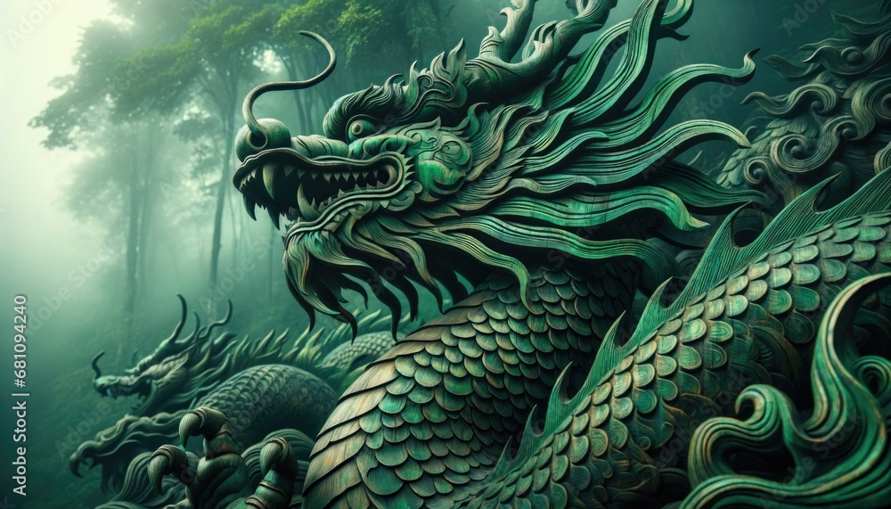 A horizontal image of majestic green wooden dragon carved with intricate details, highlighting scales and claws in the woods A horizontal image of majestic green wooden dragon carved with intricate details, highlighting scales and claws in the woods
