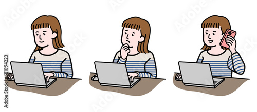 ノートパソコンを操作しながら操作に悩み、カスタマーサービス等に電話をかけて解決した女性のイラストセット