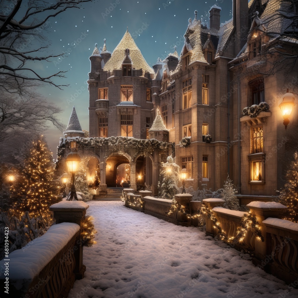 Fototapeta premium A Medieval Castle Aglow with Holiday Splendor, generative AI 