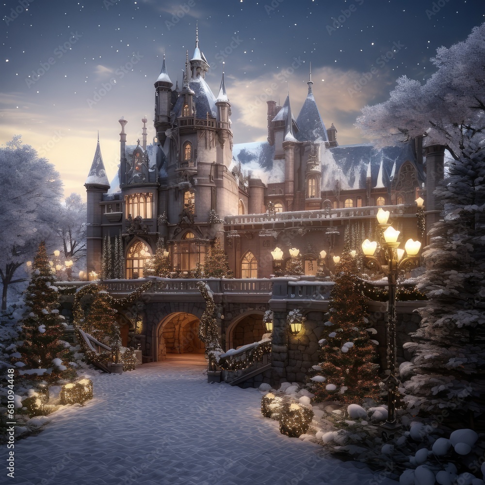Obraz premium A Medieval Castle Aglow with Holiday Splendor, generative AI 