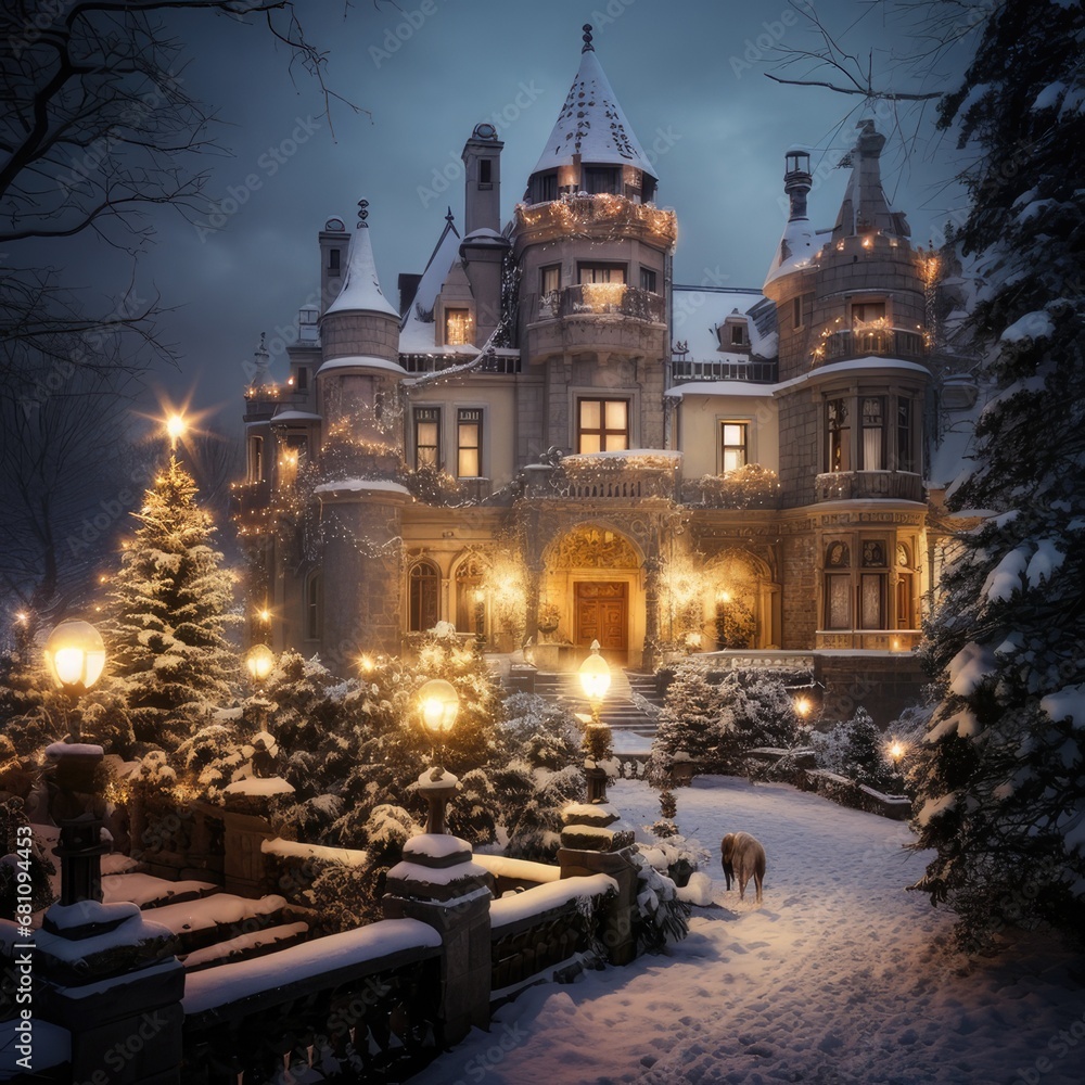Fototapeta premium A Medieval Castle Aglow with Holiday Splendor, generative AI 