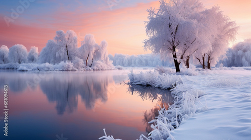 A sunset over the winter landscape with lake