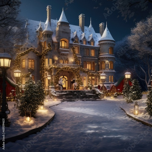 A Medieval Castle Aglow with Holiday Splendor, generative AI 