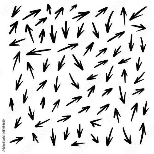 Hand drawn black color sign arrows different vector pattern background.