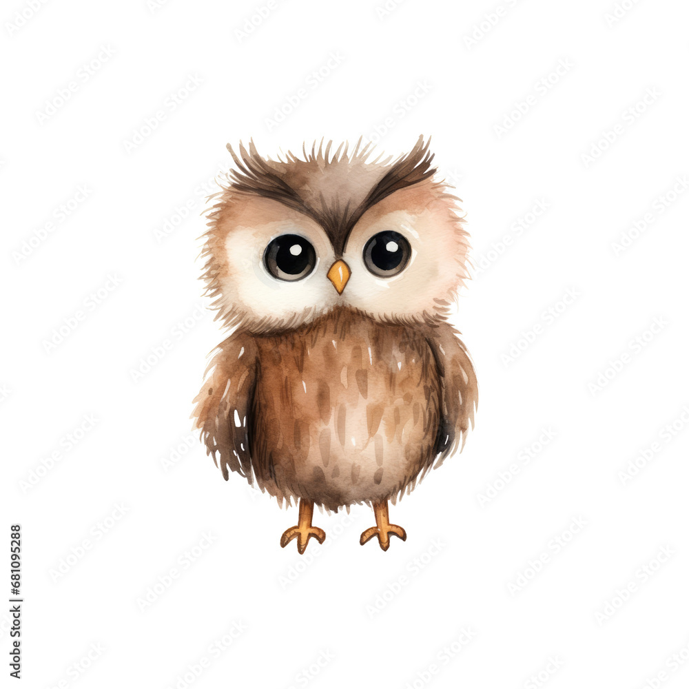 Obraz premium Cute baby owl watercolor with transparent background, PNG illustration isolated background 300 DPI clipart