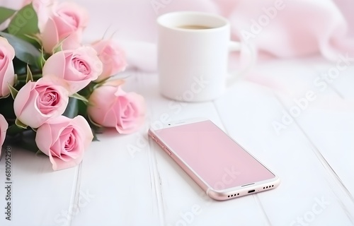 beautiful peony flowers and phone on light wooden table for freelancing business card decor