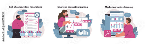 Competitive analysis series. Curated competitor checklist, in-depth rating studies, and marketing strategies learning. Strategic business insights set. Flat vector illustration.