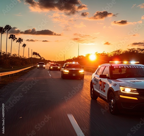 Police Car Racing Against the Setting Sun on a Miami Highway Generative AI