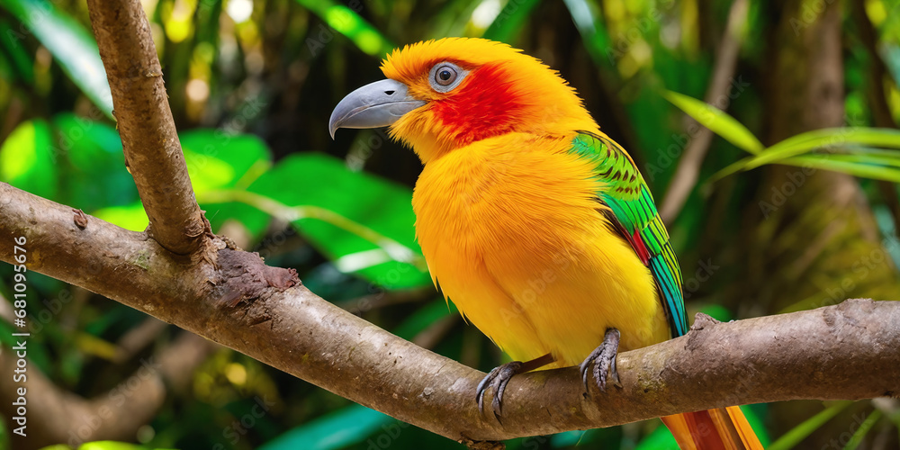 Colorful tropical bird in jungle on a sunny day. Rainforest illustration with bright beautiful birdie among exotic plants with big leaves. Background with pristine nature landscape. Generative AI Colorful tropical bird in jungle on a sunny day. Rainforest illustration with bright beautiful birdie among exotic plants with big leaves. Background with pristine nature landscape. Generative AI