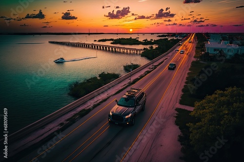 Scenic Drive Along Miami s Waterfront at Sunset Generative AI