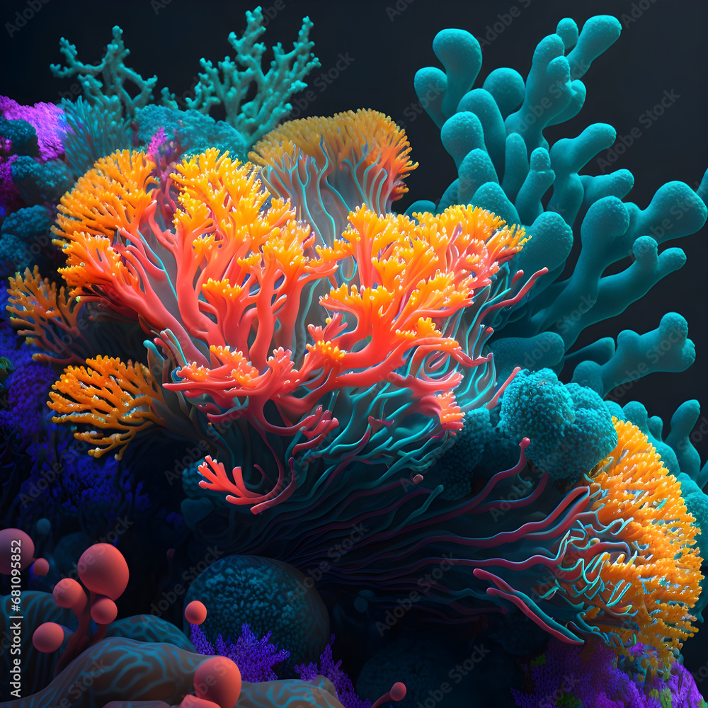 Obraz premium orange coral reef in the sea close up, AI generation