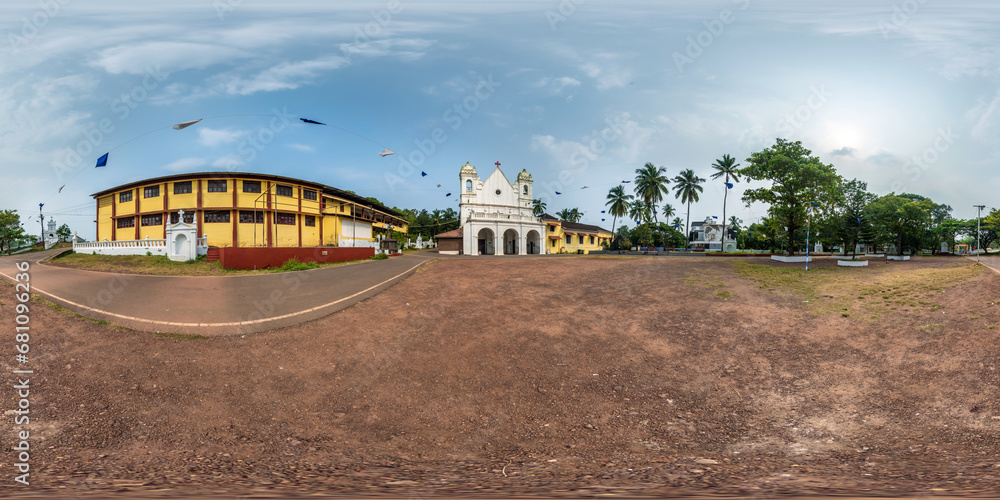 full hdri 360 panorama of portugese catholic church in jungle among palm trees in Indian tropic village in equirectangular projection with zenith and nadir. VR AR content full hdri 360 panorama of portugese catholic church in jungle among palm trees in Indian tropic village in equirectangular projection with zenith and nadir. VR AR content