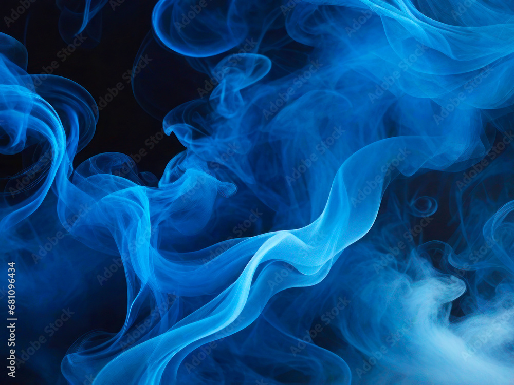 Abstract image of blue fog on a dark background. Elegant curls of smoke, neon blue light.