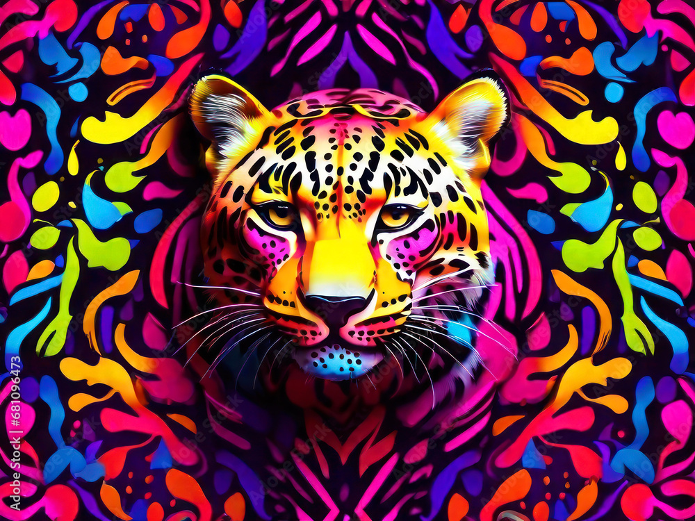 Psychedelic groove illustration, leopard head with neon rainbow fur on a bright patterned background.