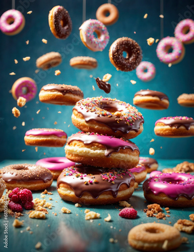 A bright advertising image, a mountain of delicious donuts with multi-colored glaze. Rain of sweets, holiday greeting card.