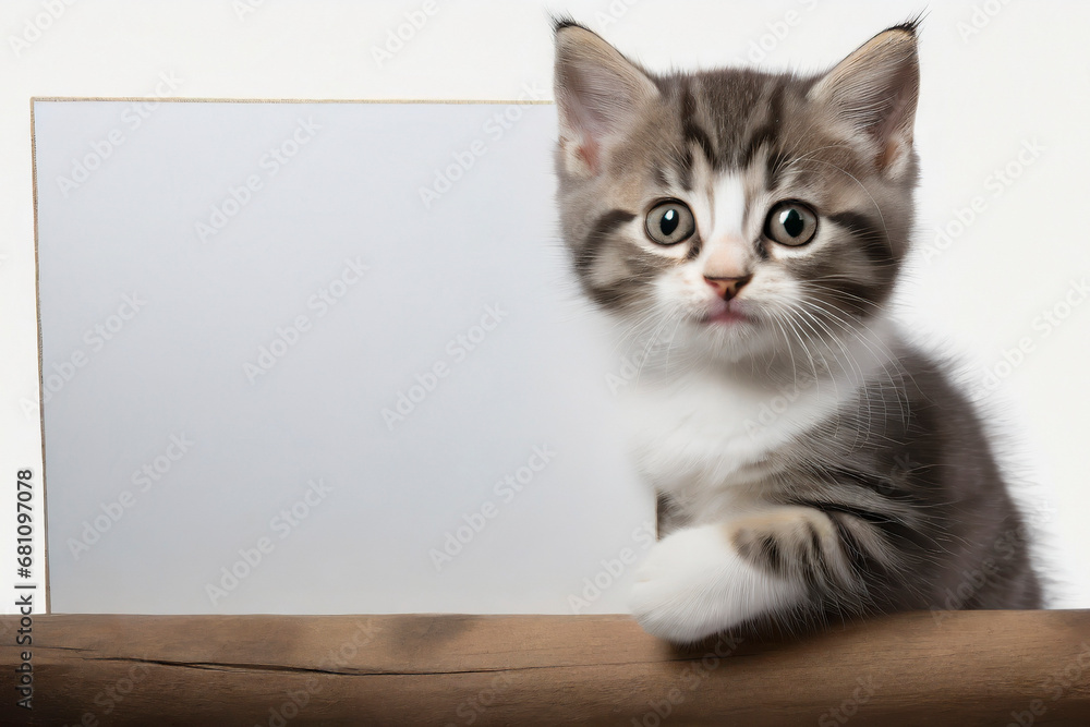 kitten on white background with blank white banner