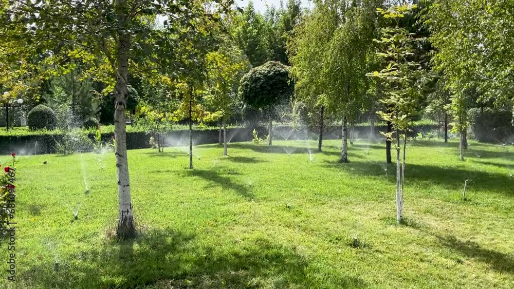 Automatic watering system for lawns in city park Automatic watering system for lawns in city park