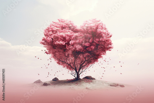 Whimsical heart tree in full pink bloom  a fantasy of nature and affection