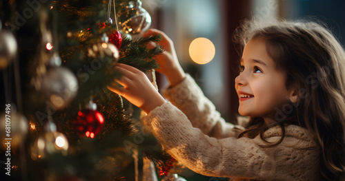 A happy little girl decorates a Christmas tree at home, representing winter holidays, charity, and the spirit of the merry Christmas holiday,