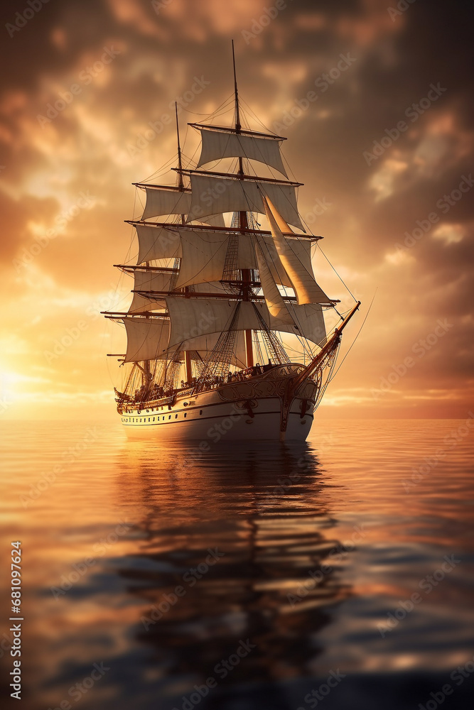 Historisches Segelschiff mit gesetzten Segeln im Sturm. Piratenschiff