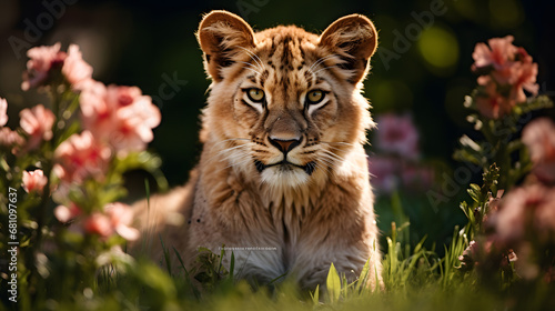 A liger  with a lush green meadow as the background  during a spring bloom